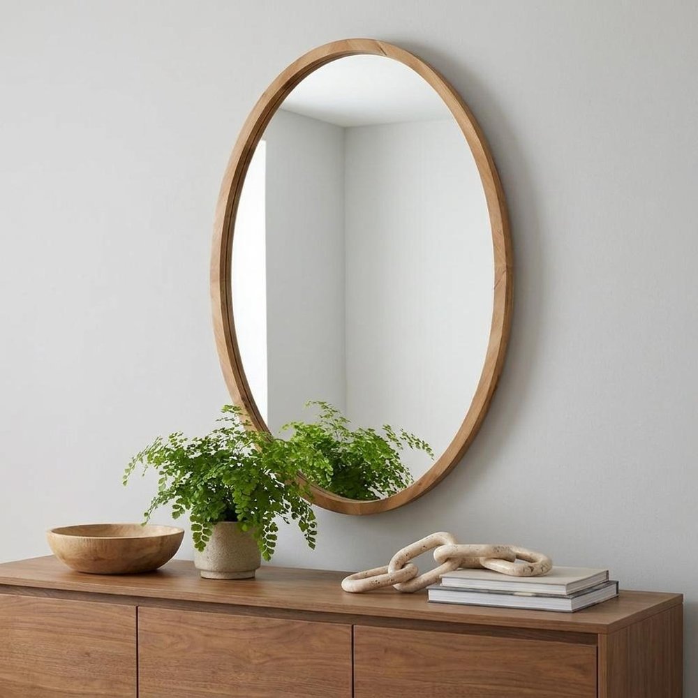 35" Brown Oval Solid Wood Framed Accent Mirror