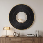 32" Black And Gold Round Wood And Metal Framed Accent Mirror