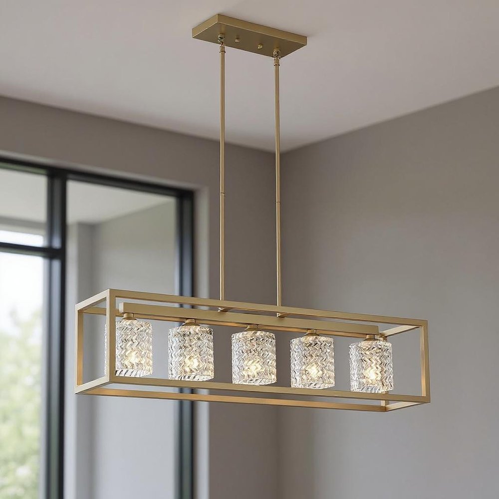 Brass Kitchen Island Five Light Metal Dimmable Chandelier With Clear Shades
