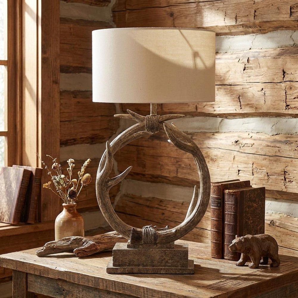 27" Brown Rustic Faux Antlers Table Lamp With White Drum Shade