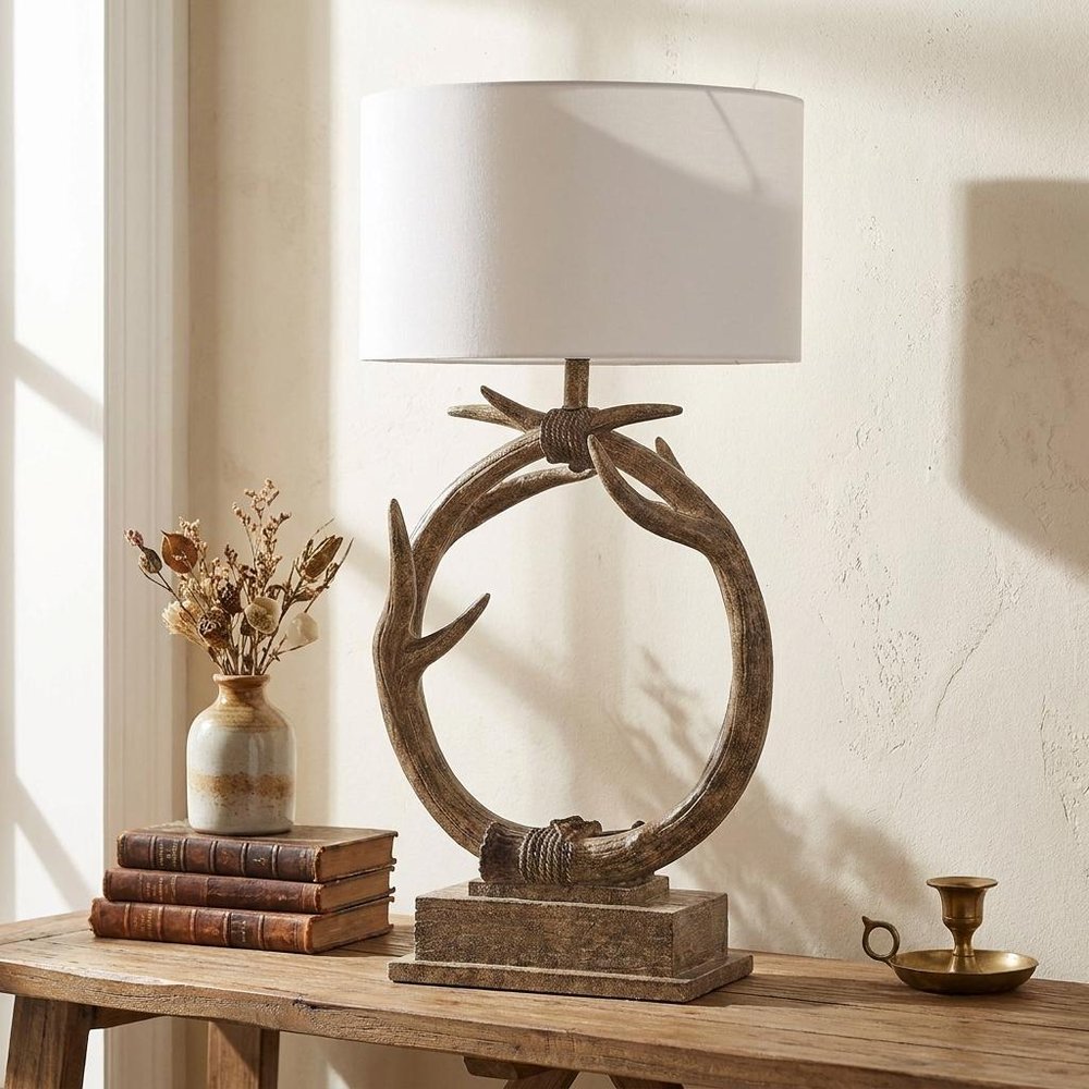 27" Brown Rustic Faux Antlers Table Lamp With White Drum Shade