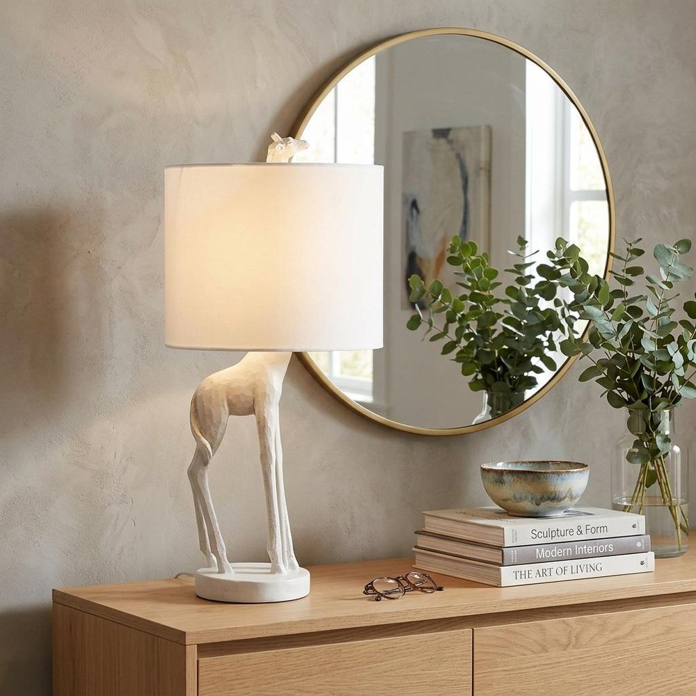 17" White Textured Giraffe Table Lamp With White Drum Shade