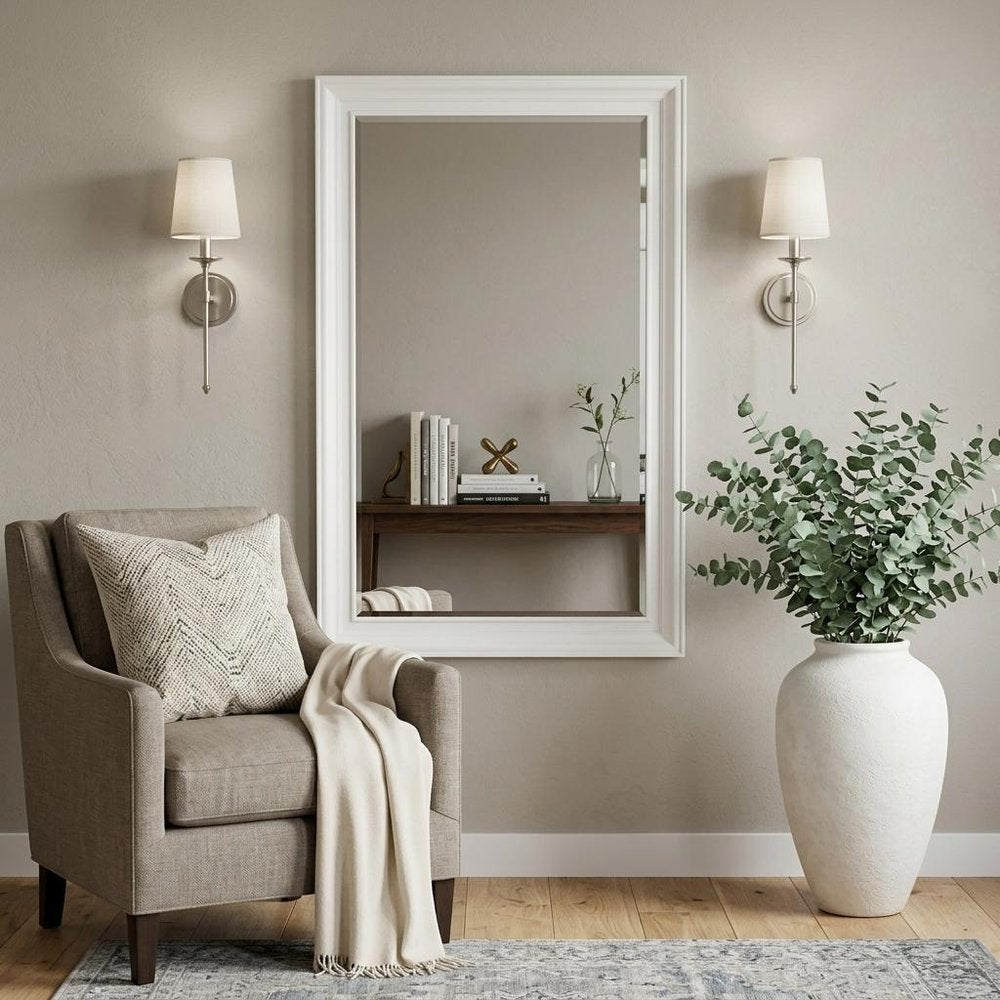 28" White Solid Wood Framed Full Length Hanging Mirror