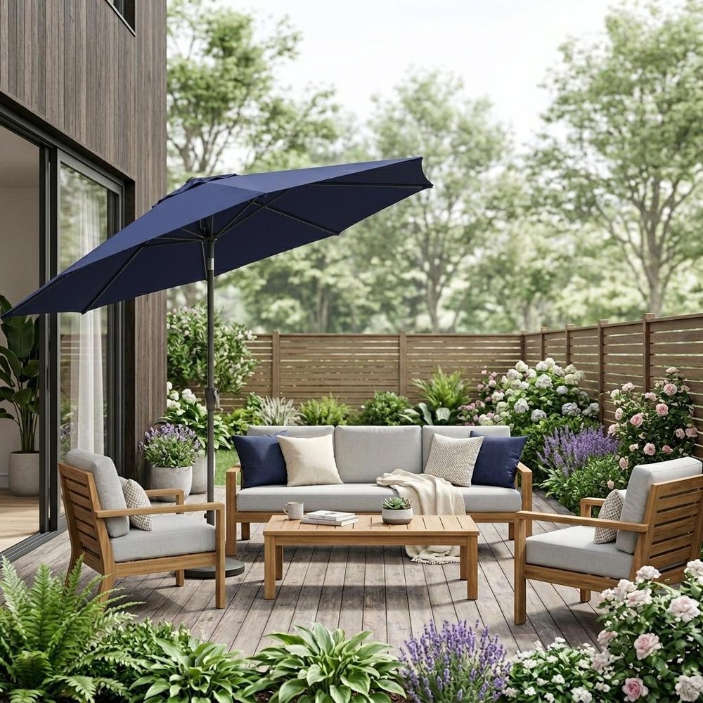 9' Navy Blue Polyester Rectangular Tilt Market Patio Umbrella