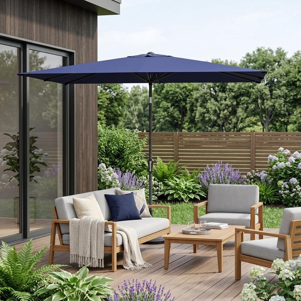 9' Navy Blue Polyester Rectangular Tilt Market Patio Umbrella