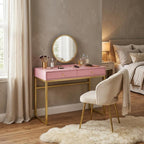 42" Gold And Pink Wood Vanity Table With Mirror And Two Drawers