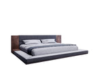Gray and Walnut Wood And Upholstery Queen Bed Frame With Attached Nightstands