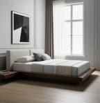 Gray and Walnut Wood And Faux Leather Queen Bed Frame With Attached Nightstands