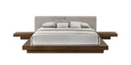 Gray and Walnut Wood And Faux Leather King Bed Frame With Attached Nightstands