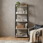 67" Natural and Black Metal Five Tier Ladder Bookcase