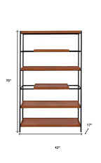 70" Oak And Black Metal and Wood Six Tier Etagere Bookcase