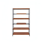 70" Oak And Black Metal and Wood Six Tier Etagere Bookcase
