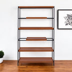 70" Oak And Black Metal and Wood Six Tier Etagere Bookcase