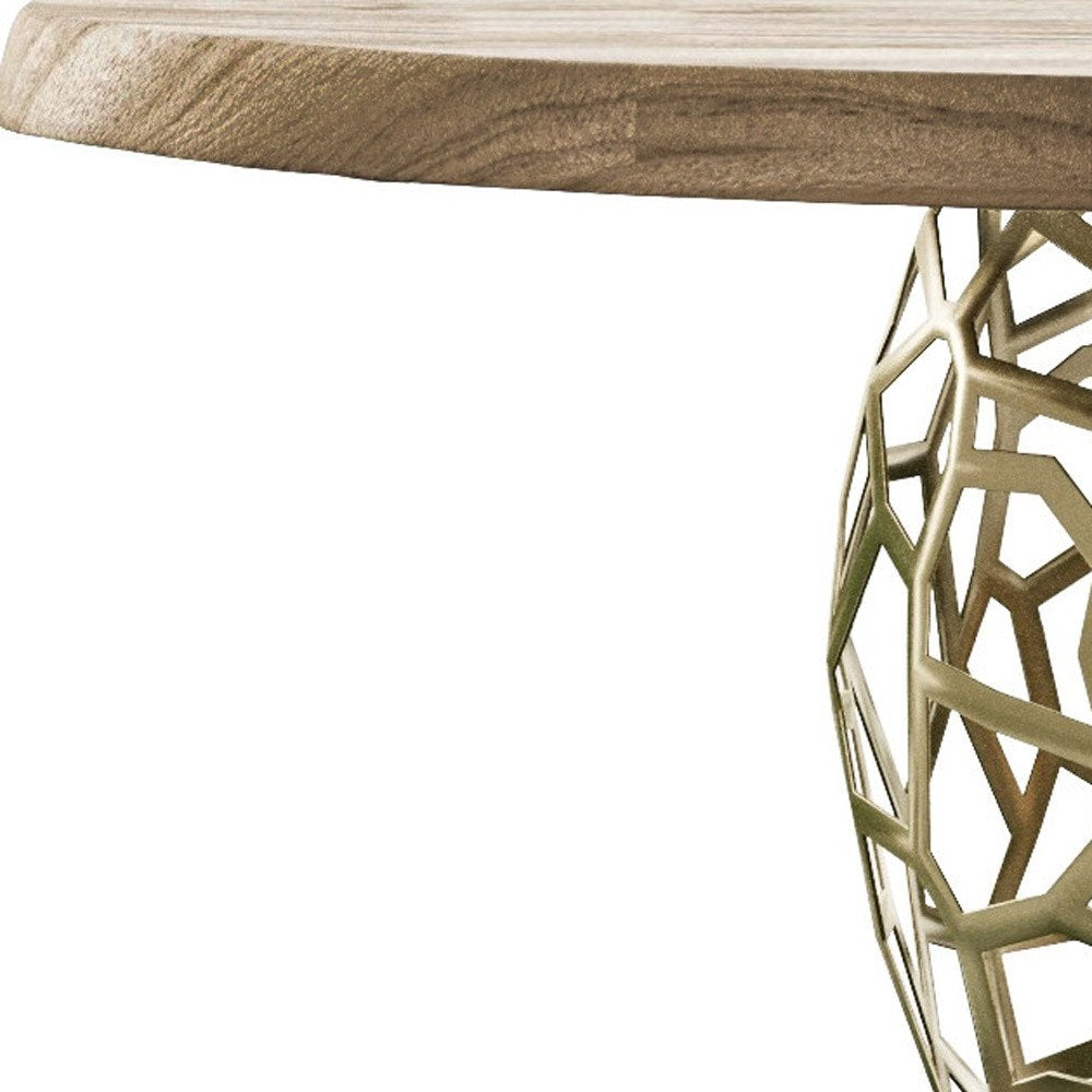 63" Brown And Brass Rounded Solid Wood And Iron Pedestal Base Dining Table