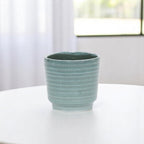 Green Ceramic 23 Ounce Striped Round Distressed Pot Planter