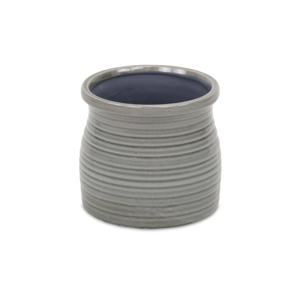 Gray Ceramic 51 Ounce Striped Round Distressed Pot Planter