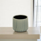 Green Ceramic 25 Ounce Striped Round Distressed Pot Planter