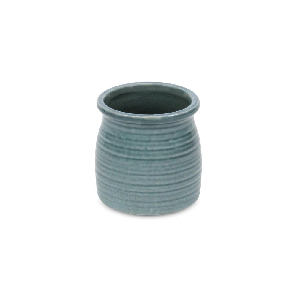 Green Ceramic 12 Ounce Striped Round Distressed Pot Planter