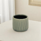 Beige And Green Ceramic 12 Ounce Striped Round Distressed Pot Planter