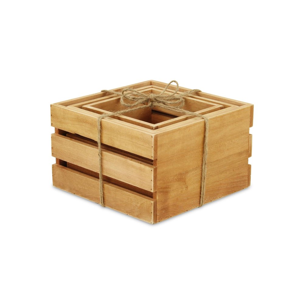 Set of Three Light Brown Nesting Solid Wood Crate