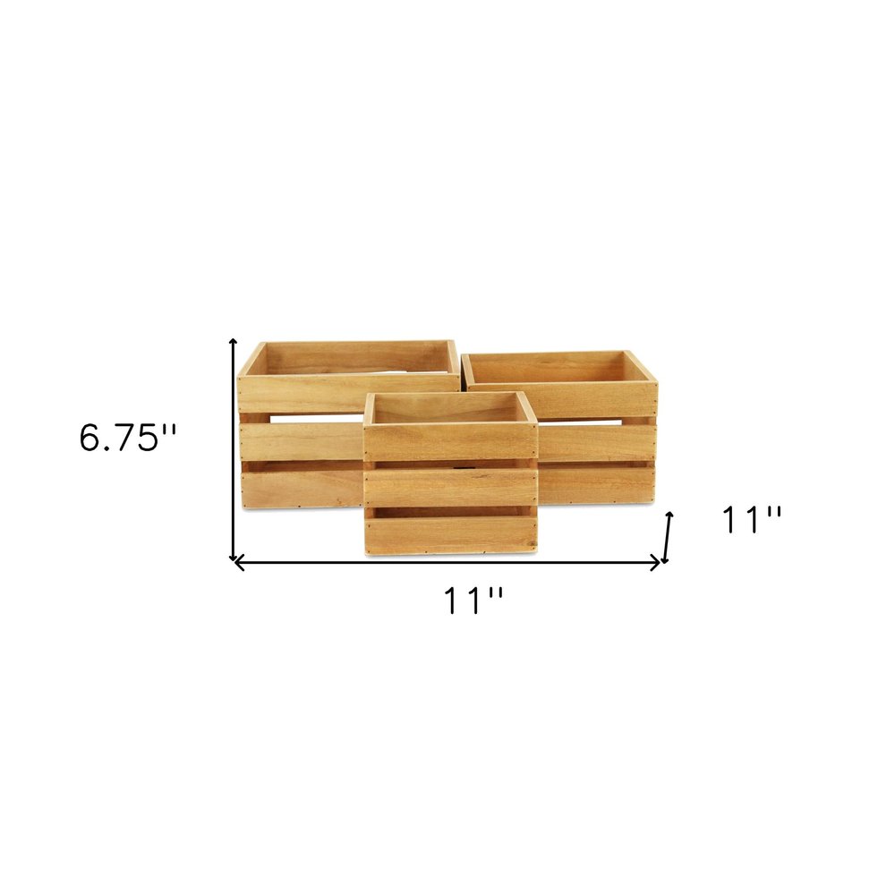 Set of Three Light Brown Nesting Solid Wood Crate