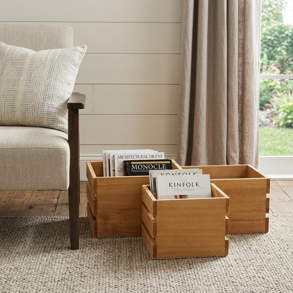 Set of Three Light Brown Nesting Solid Wood Crate