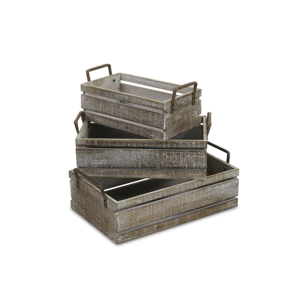 Set of Three Gray Nesting Solid Wood And Metal Crate