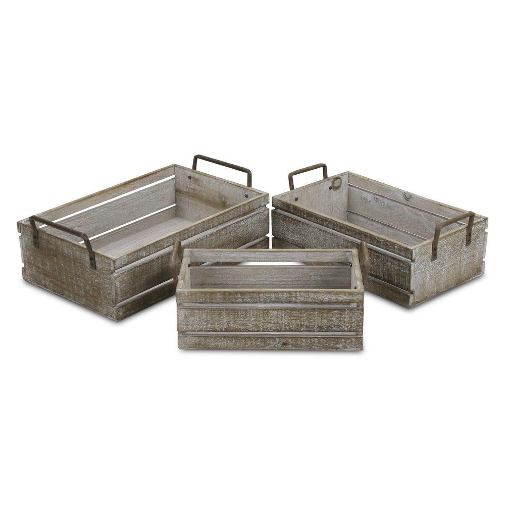Set of Three Gray Nesting Solid Wood And Metal Crate