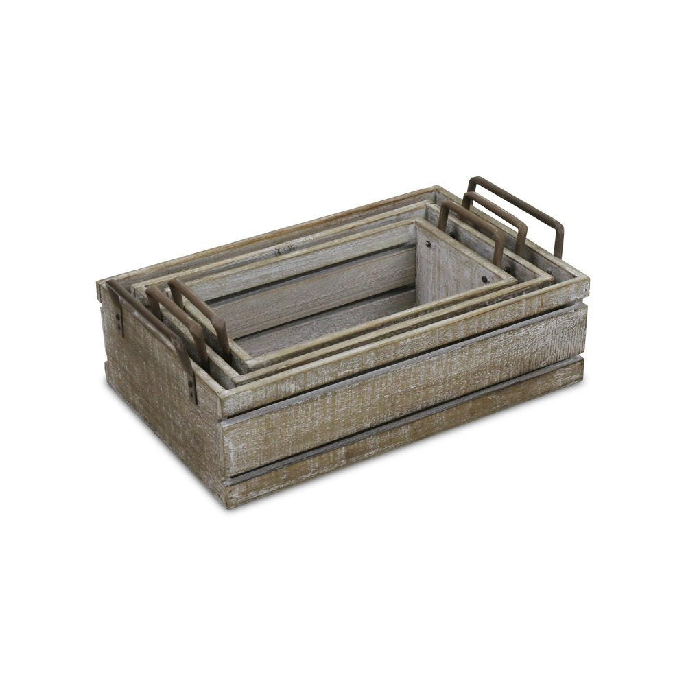 Set of Three Gray Nesting Solid Wood And Metal Crate