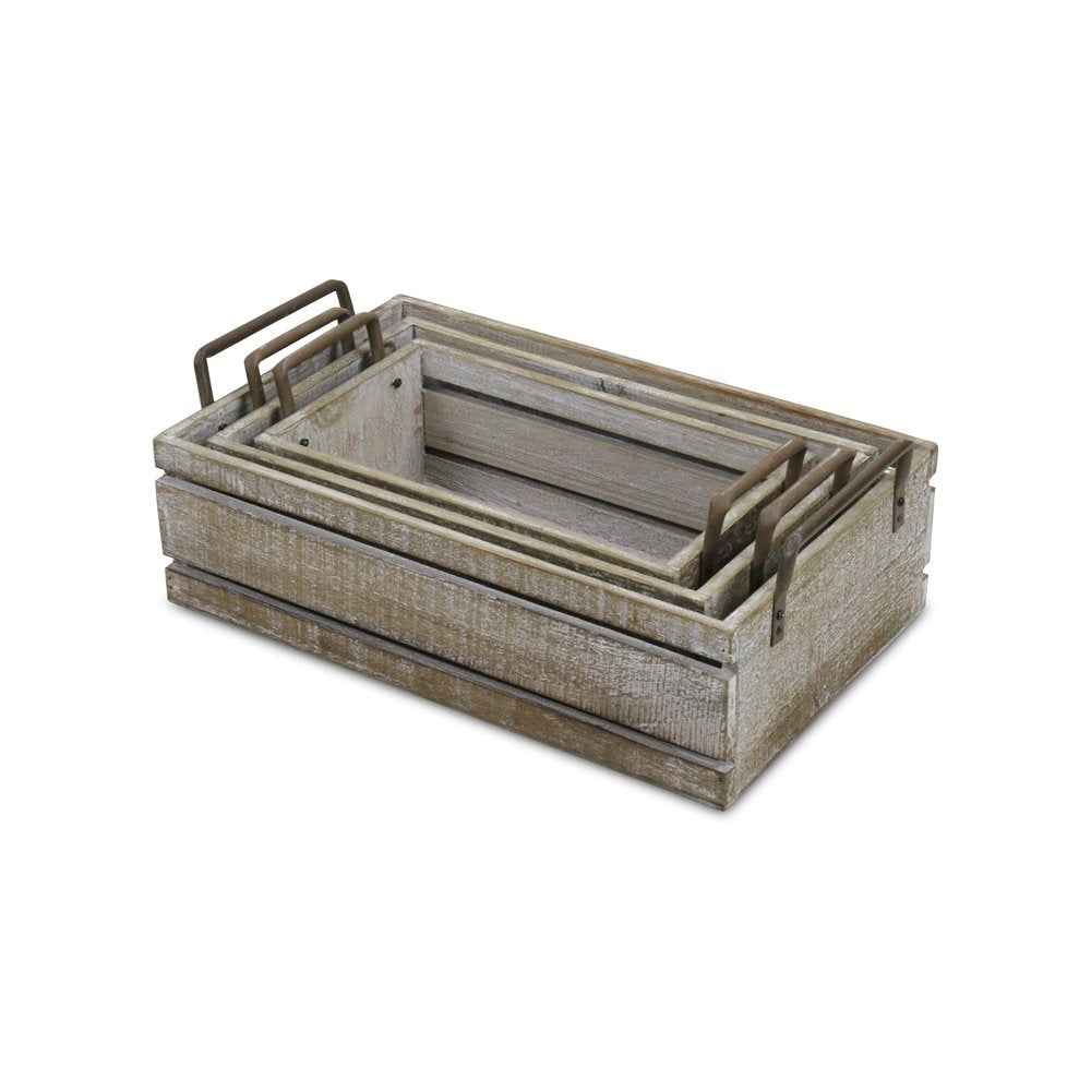 Set of Three Gray Nesting Solid Wood And Metal Crate