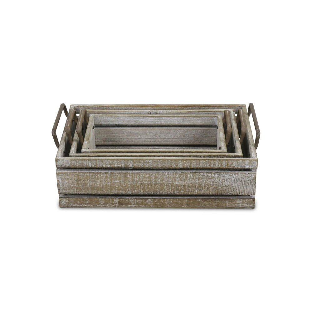 Set of Three Gray Nesting Solid Wood And Metal Crate