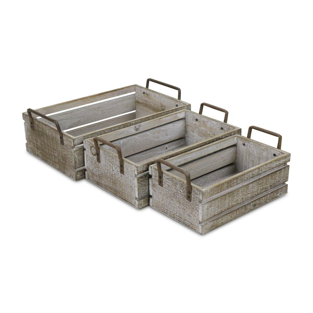 Set of Three Gray Nesting Solid Wood And Metal Crate