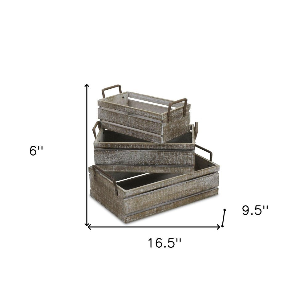 Set of Three Gray Nesting Solid Wood And Metal Crate