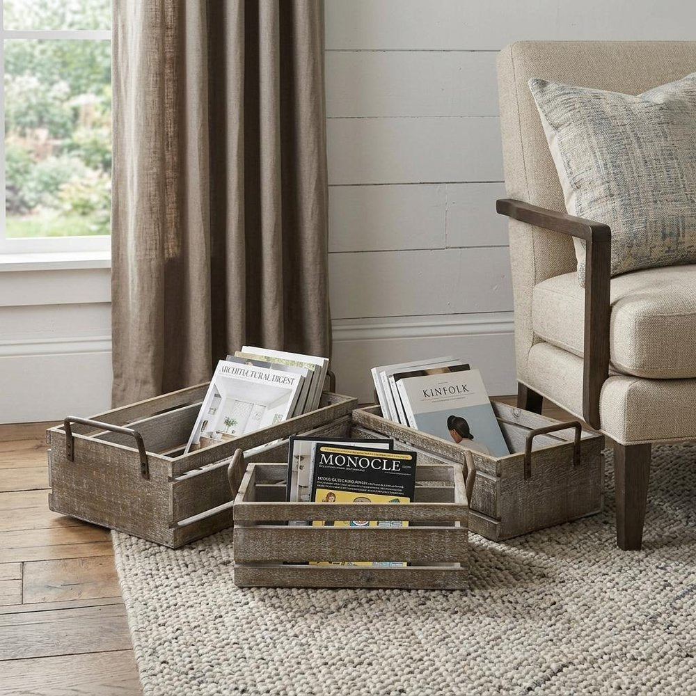 Set of Three Gray Nesting Solid Wood And Metal Crate