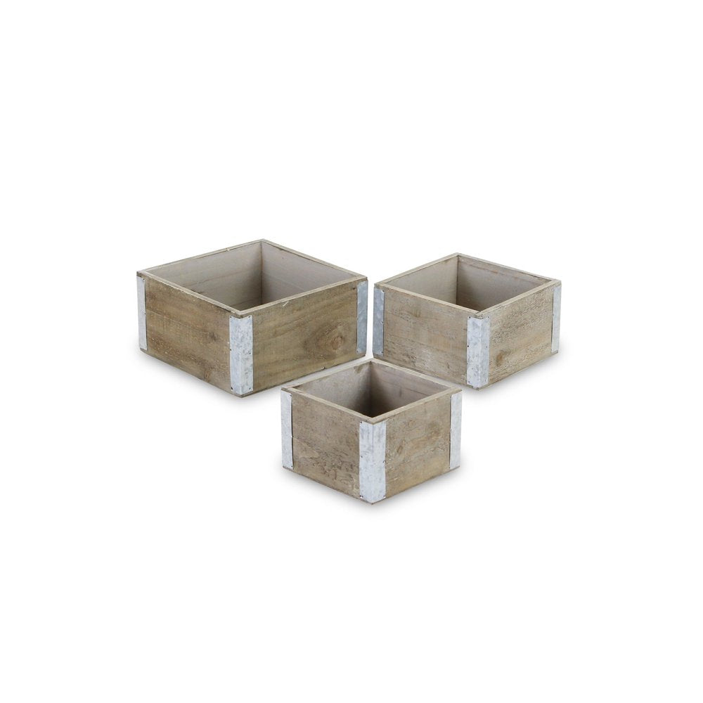Set of Three Brown Nesting Solid Wood And Metal Crate