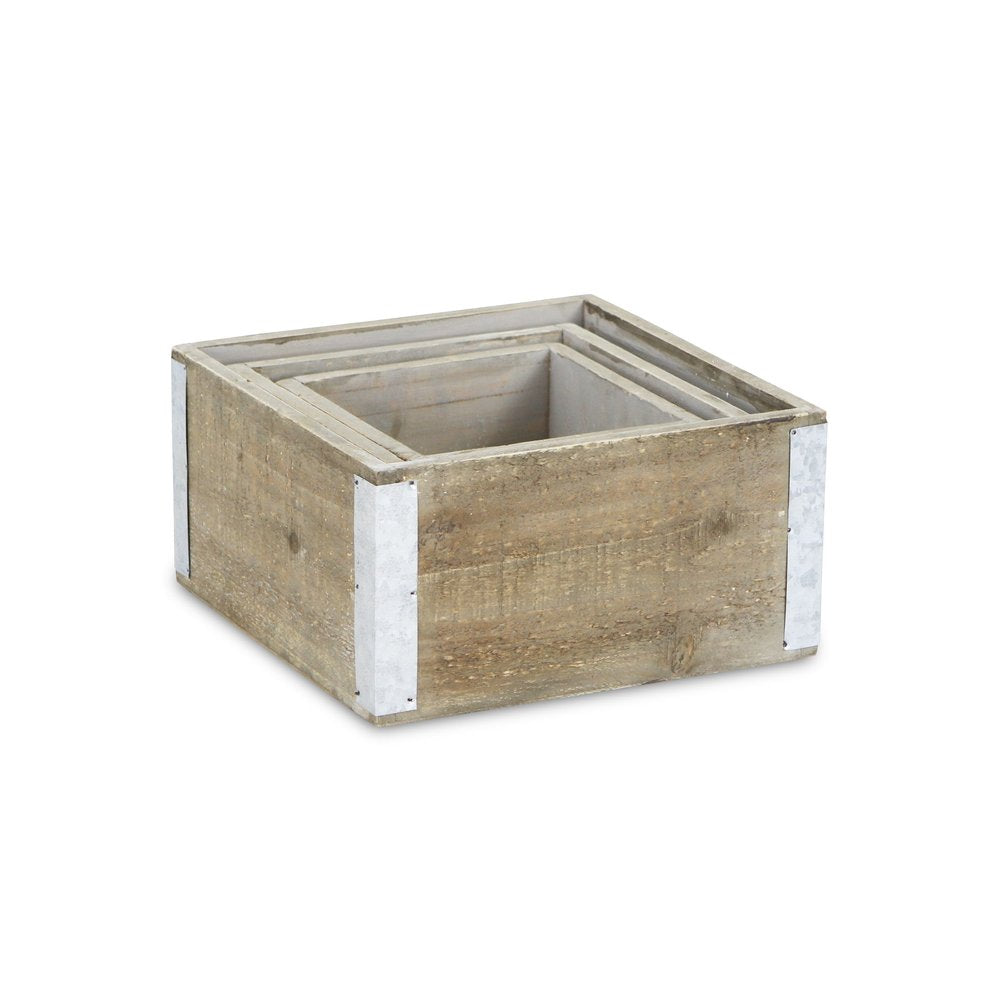 Set of Three Brown Nesting Solid Wood And Metal Crate