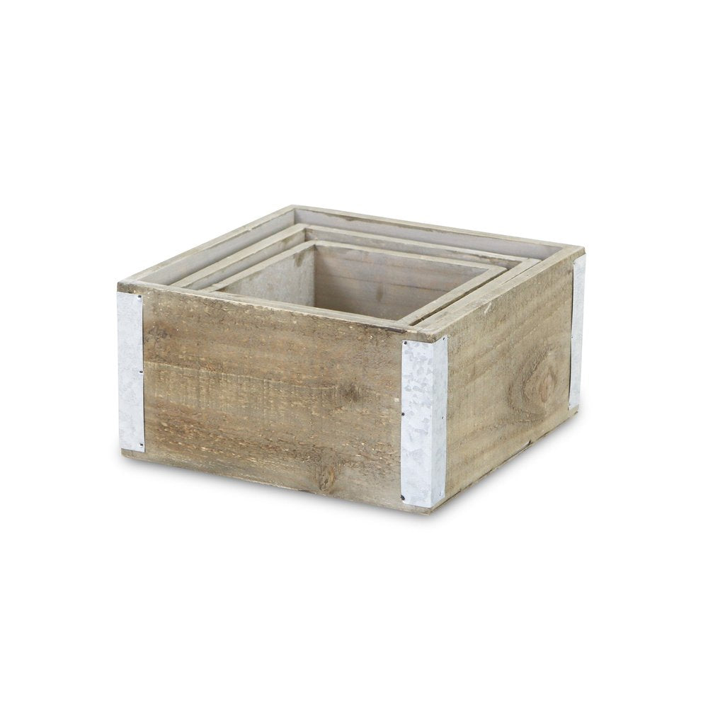 Set of Three Brown Nesting Solid Wood And Metal Crate