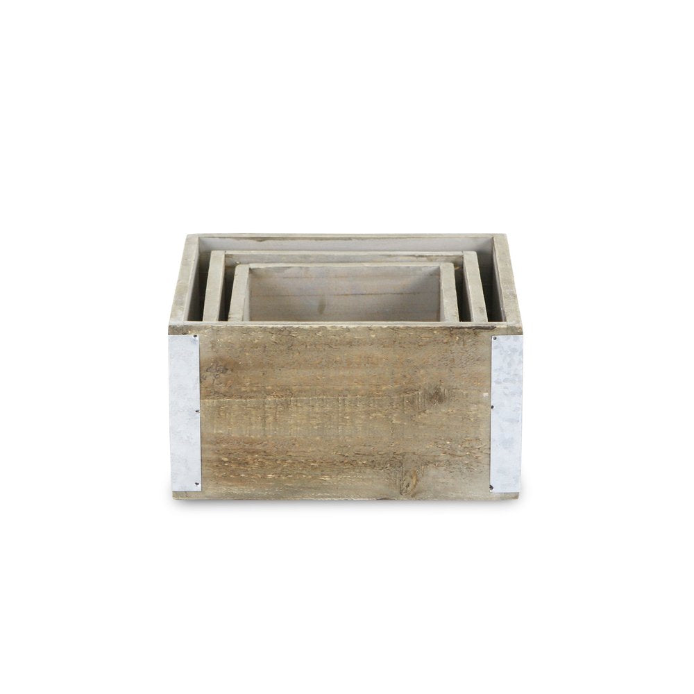 Set of Three Brown Nesting Solid Wood And Metal Crate