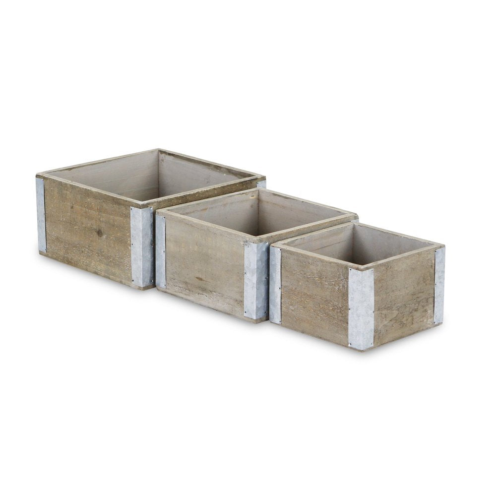 Set of Three Brown Nesting Solid Wood And Metal Crate