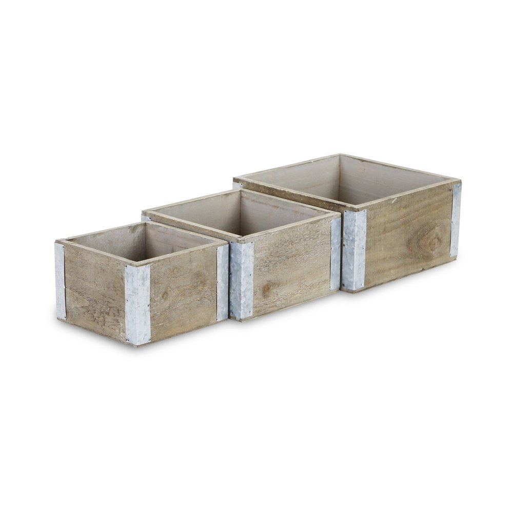 Set of Three Brown Nesting Solid Wood And Metal Crate