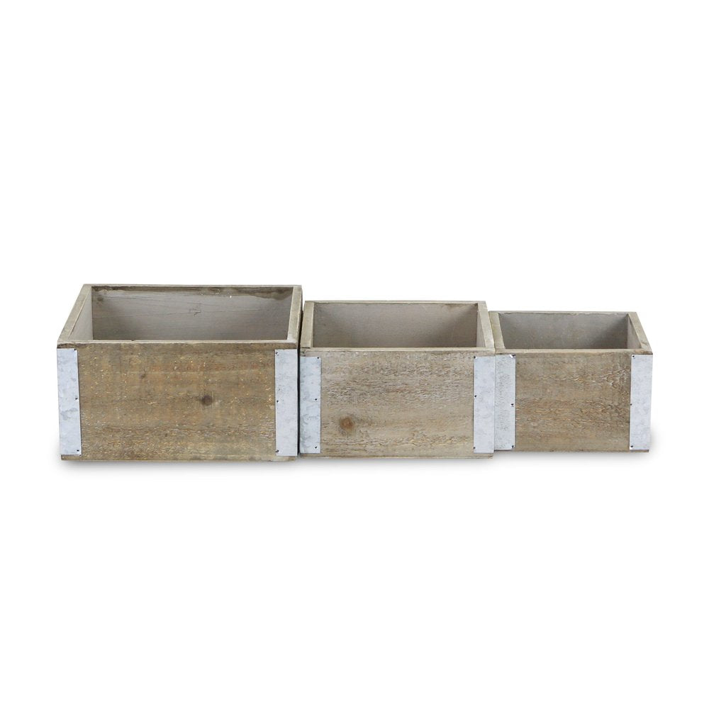 Set of Three Brown Nesting Solid Wood And Metal Crate