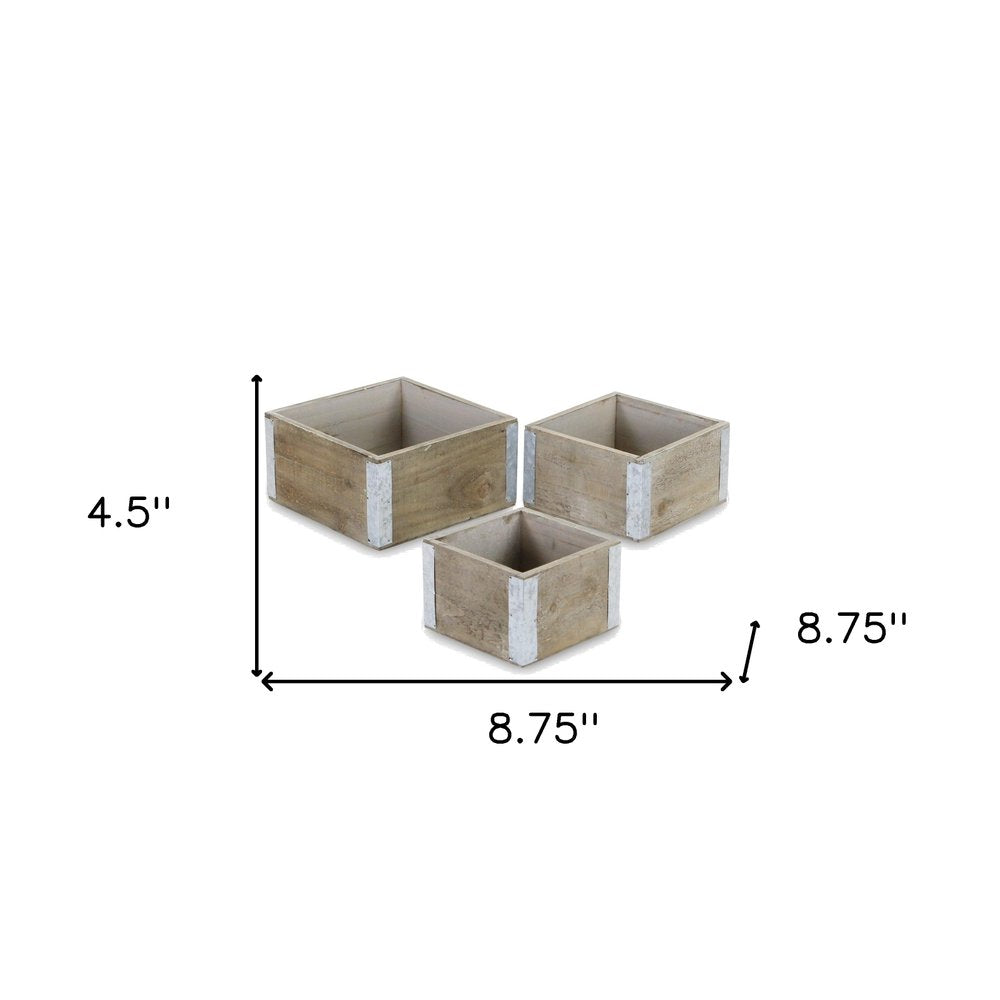 Set of Three Brown Nesting Solid Wood And Metal Crate