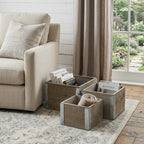 Set of Three Brown Nesting Solid Wood And Metal Crate