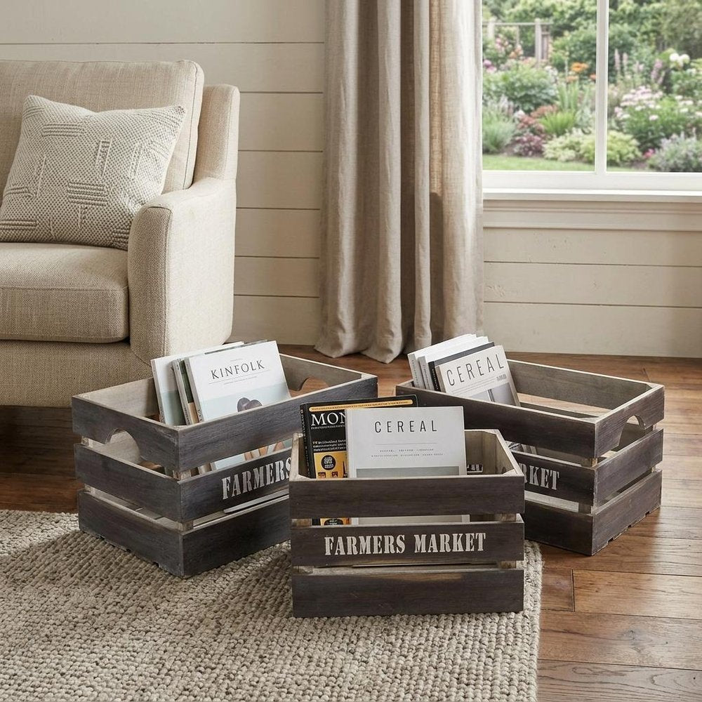 Set of Three Dark Brown Nesting Solid Wood Crate