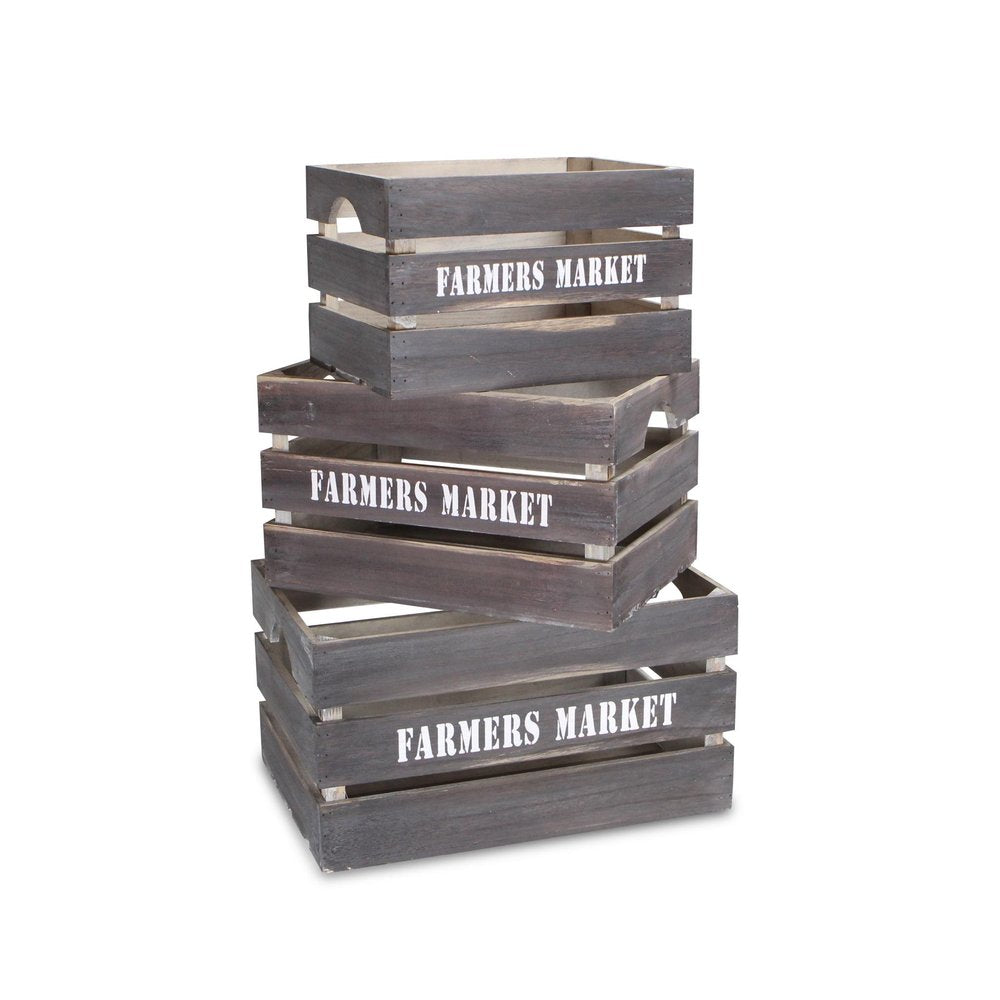 Set of Three Dark Brown Nesting Solid Wood Crate