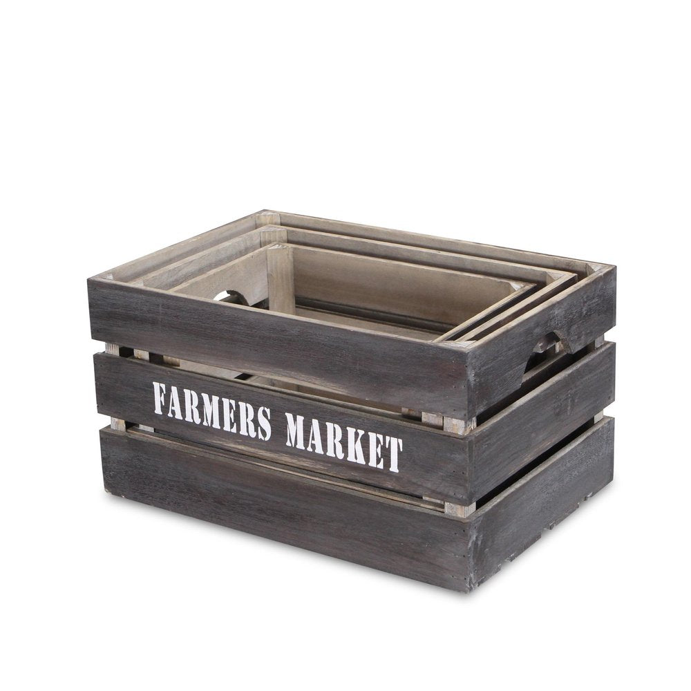 Set of Three Dark Brown Nesting Solid Wood Crate