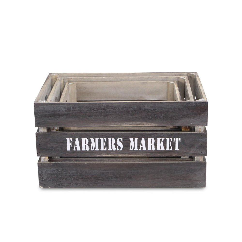 Set of Three Dark Brown Nesting Solid Wood Crate