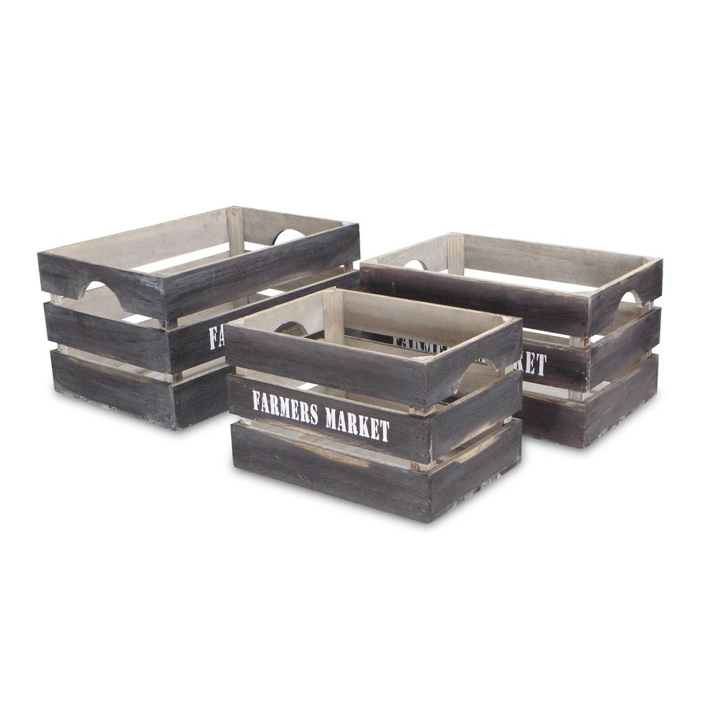 Set of Three Dark Brown Nesting Solid Wood Crate