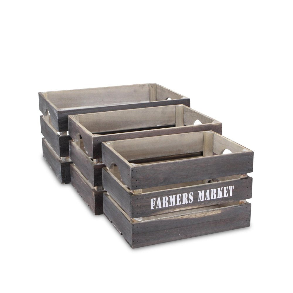 Set of Three Dark Brown Nesting Solid Wood Crate