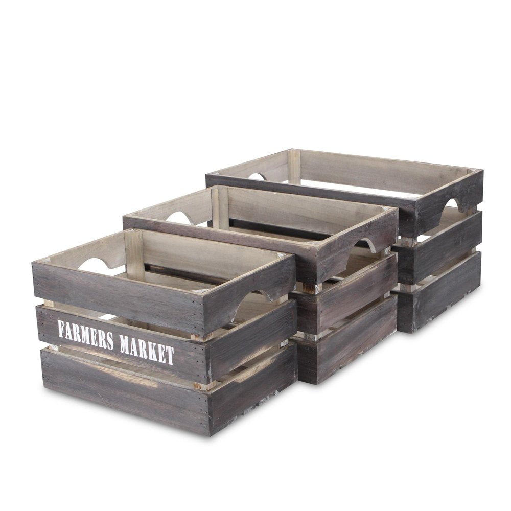 Set of Three Dark Brown Nesting Solid Wood Crate